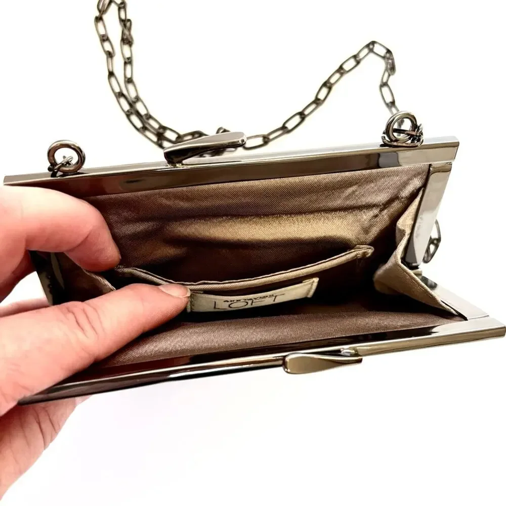 Evening Bag, Gold Sequin Beaded Clutch, Taupe Fabric Chain Strap, 5 x 6 Cocktail